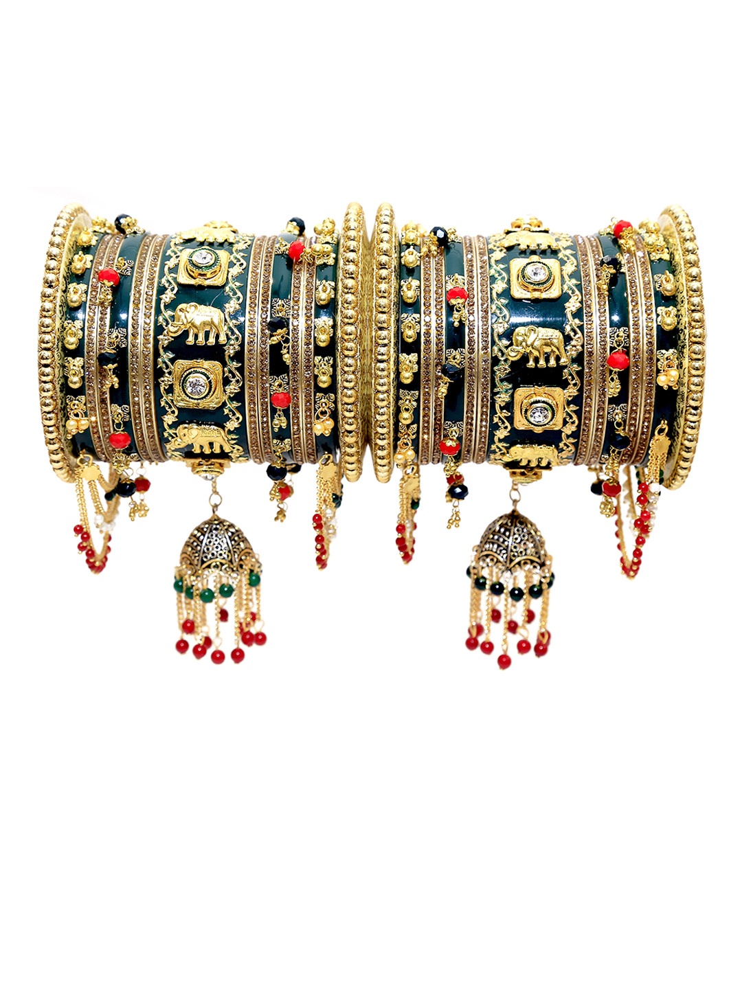 

Align Set Of 2 Gold-Plated Stone-Studded & Pearl Beaded Chuda Bangles