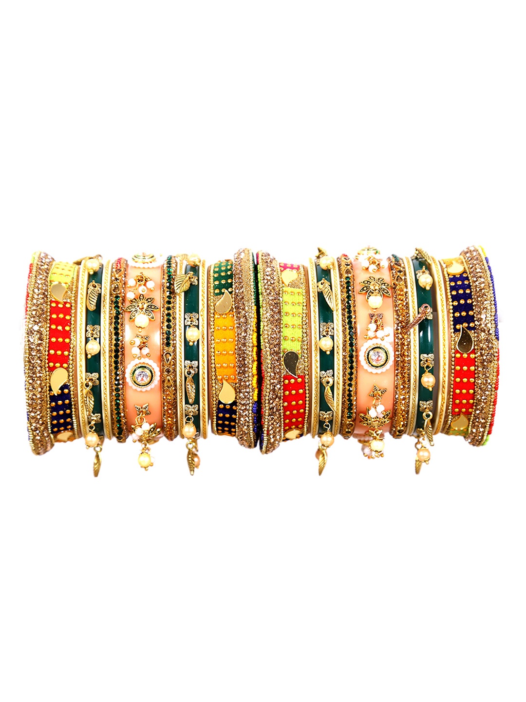 

Align Set Of 2 Gold-Plated Stones Studded & Pearl Beaded Chuda Bangles