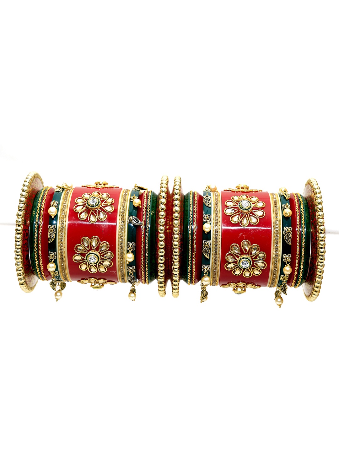 

Align Set Of 2 Gold-Plated Stones Studded & Pearl Beaded Chuda Bangles