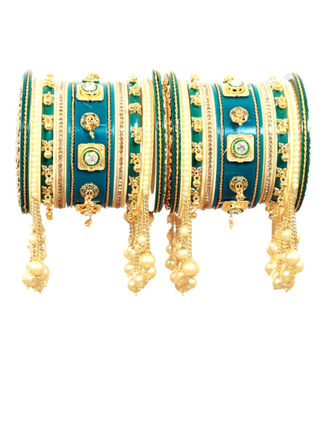 

Align Set Of 2 Gold-Plated Stone-Studded & Beaded Pearl Chuda Bangles