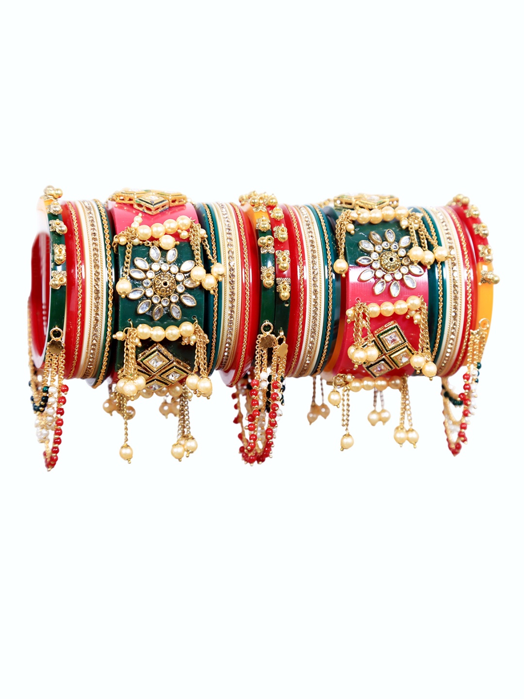 

Align Set Of 2 Gold-Plated Stone Studded & Pearls Beaded Chuda Bangles