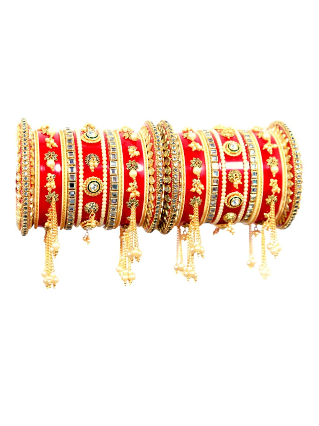 

Align Set Of 2 Gold-Plated Stones Studded & Pearl Beaded Chuda Bangles