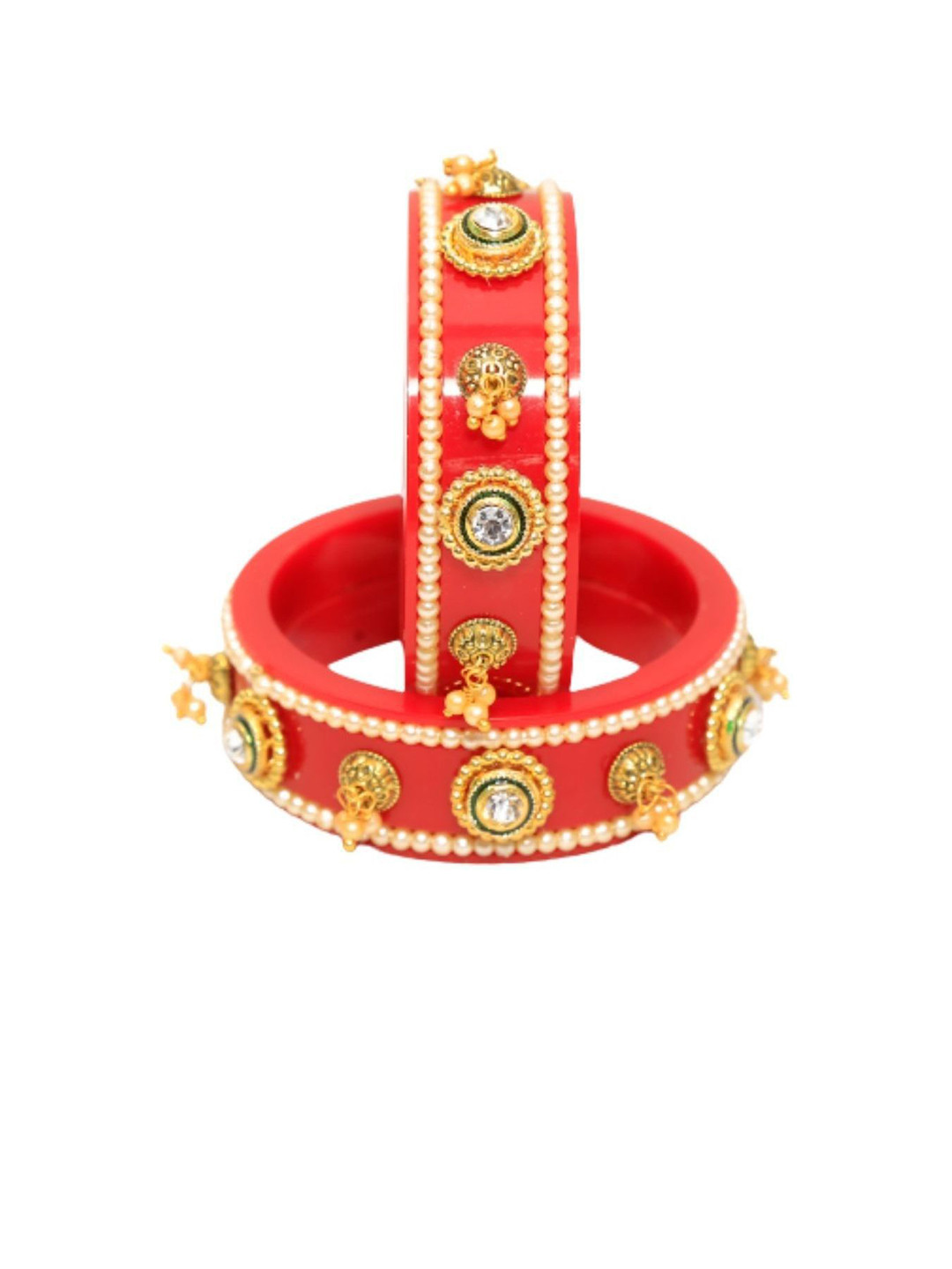 

Align Set Of 2 Gold-Plated Stones Studded & Pearl Beaded Kada Bangles