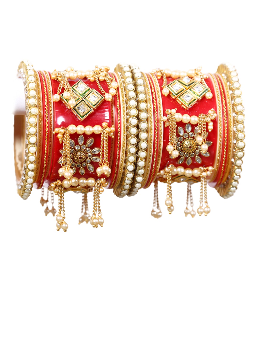 

Align Set Of 2 Stone-Studded & Pearls Beaded Chudas Bangles, Gold