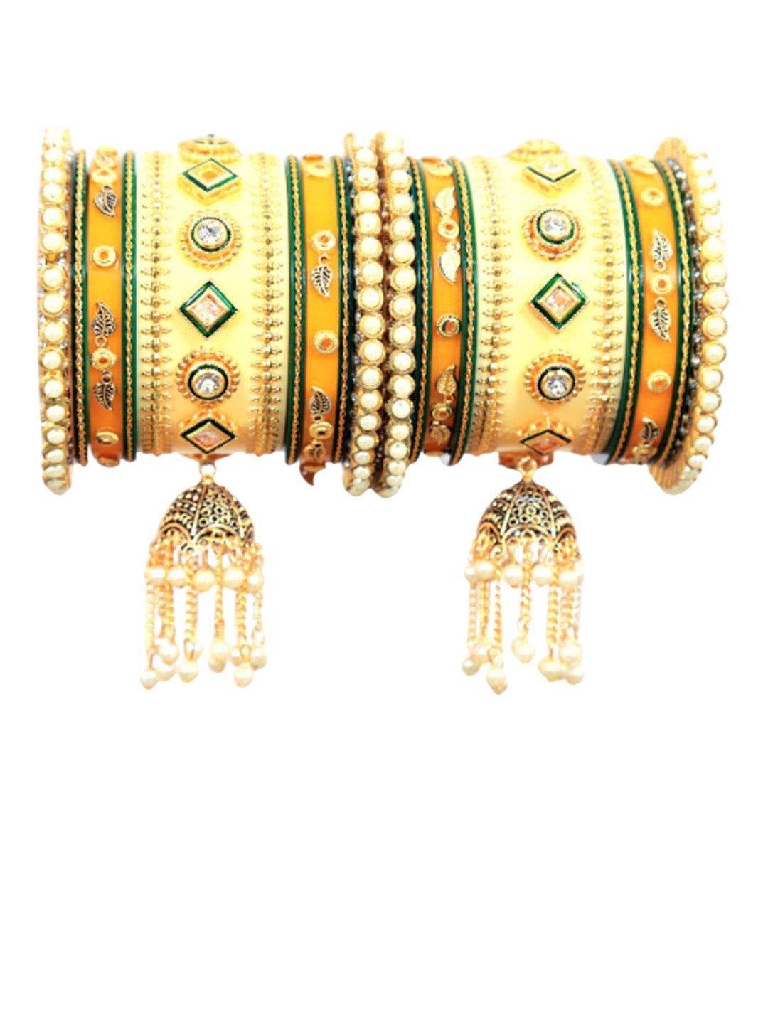 Align Set Of 2 Gold-Plated Stone Studded & Pearls Beaded Chuda Bangles