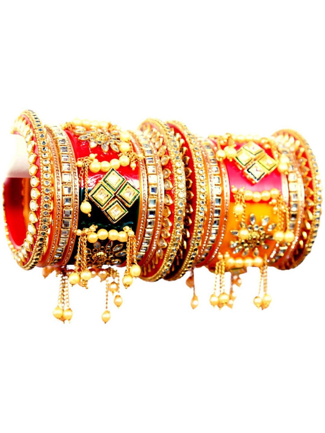 Align Set Of 2 Gold-Plated Stones Studded & Pearl Beaded Chuda Bangles