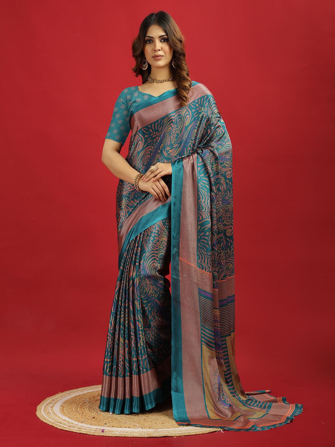 

NIRMAL CREATION Ethnic Motifs Printed Pure Crepe Saree, Turquoise blue