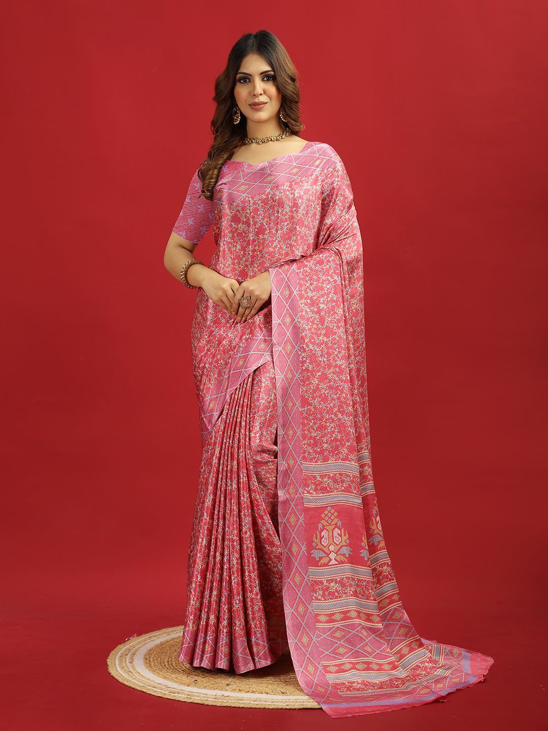 

NIRMAL CREATION Floral Printed Pure Crepe Saree, Pink