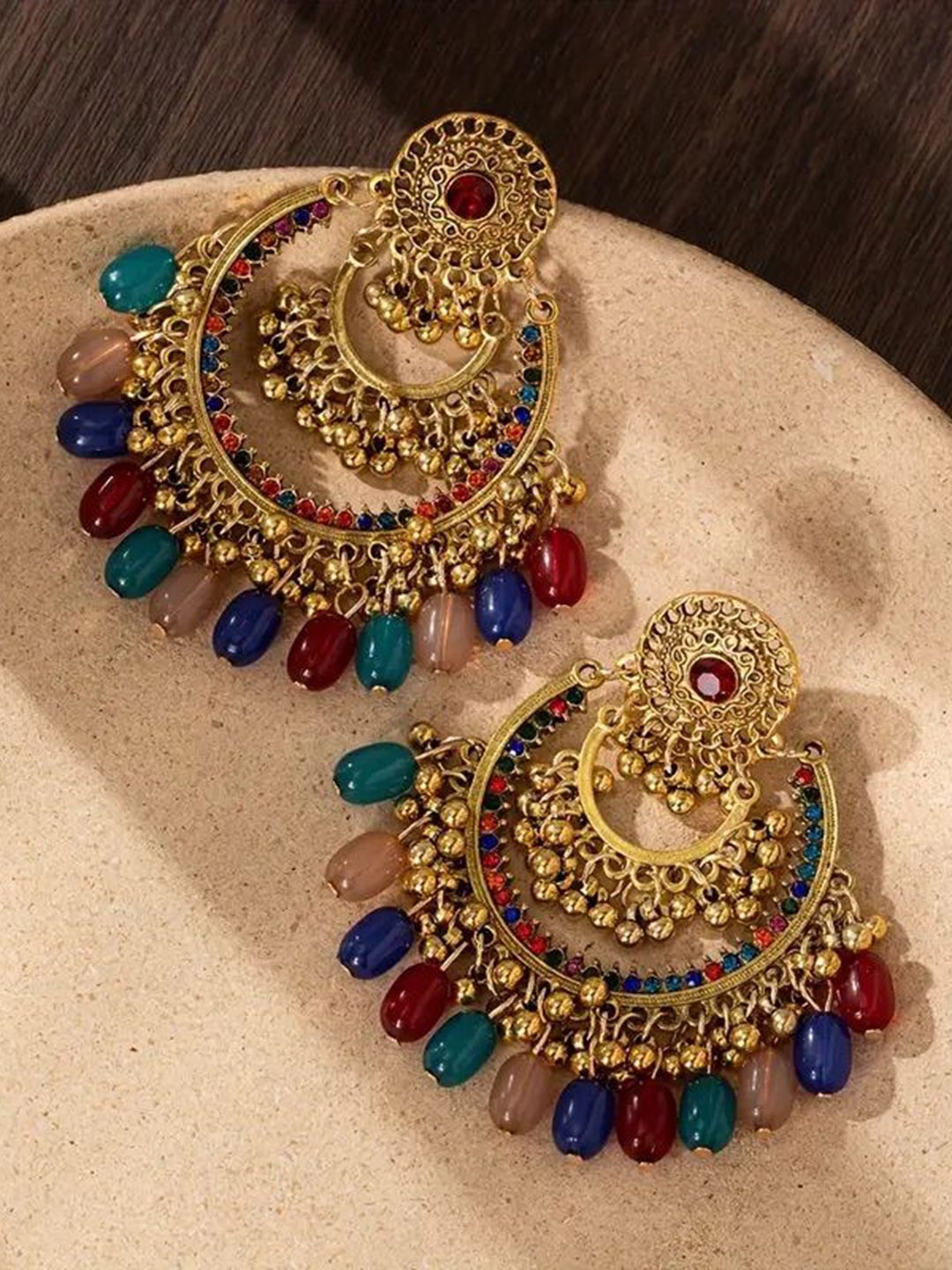 

DressBerry Gold-Plated Stone Studded & Beaded Bohemian Tasselled Drop Earrings