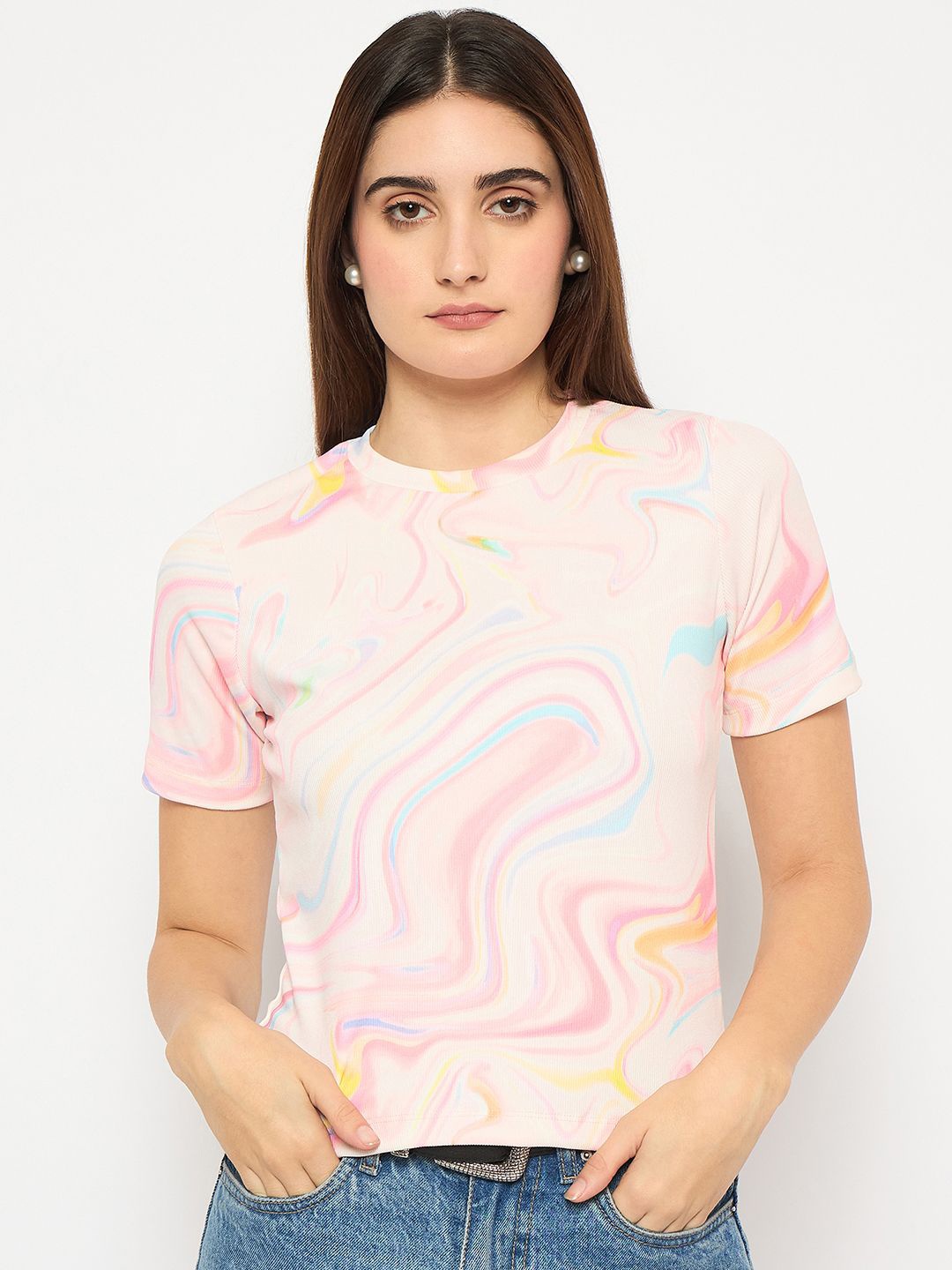 

Madame Women Printed Round Neck Top, White