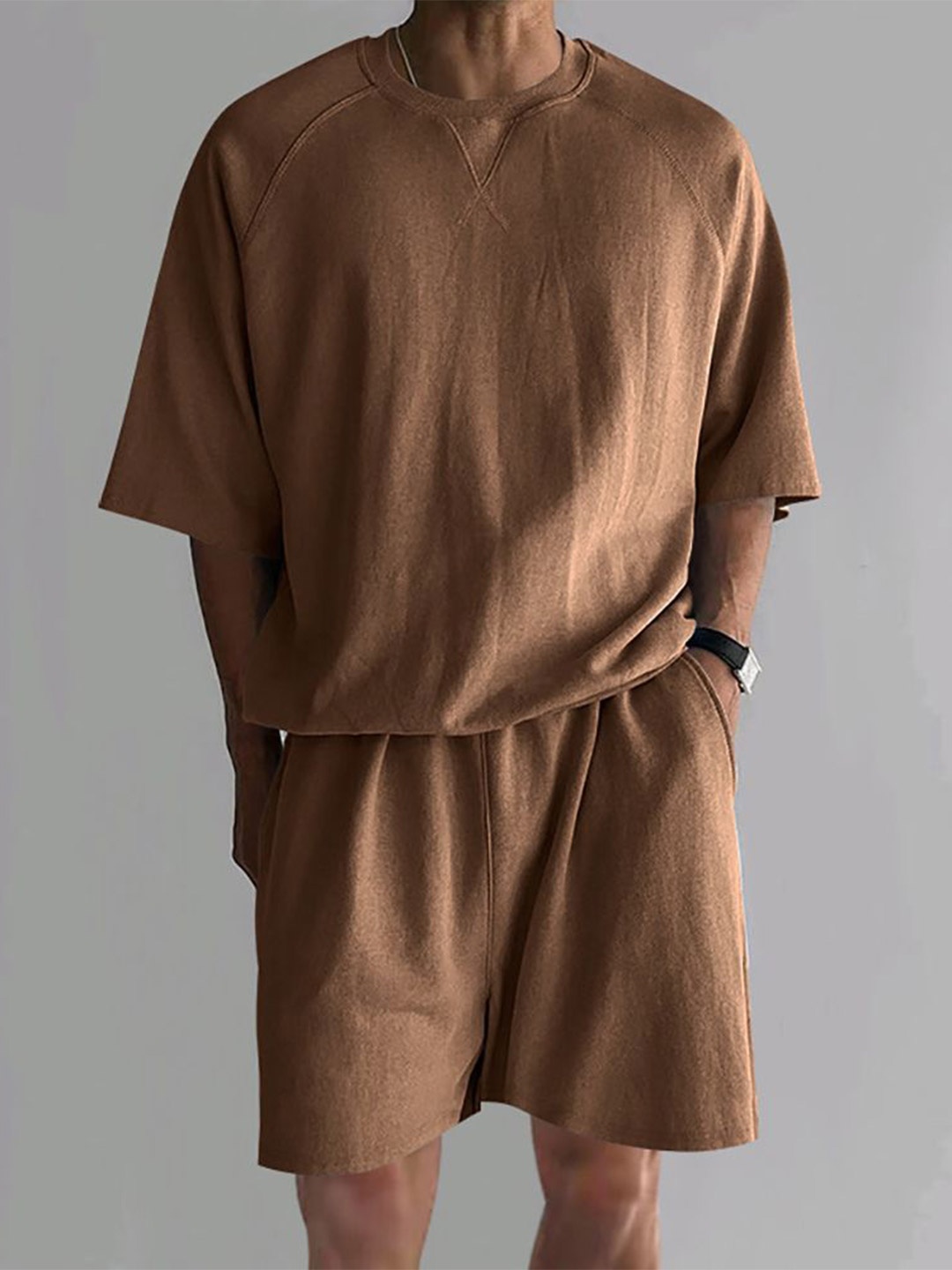 StyleCast x Revolte Round Neck Short Sleeves T-Shirt With Shorts, Brown
