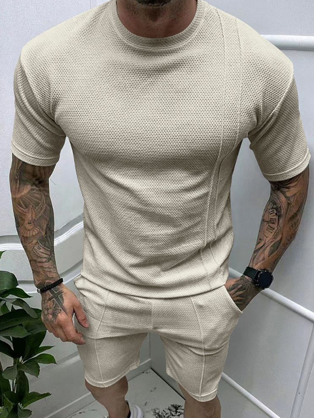 StyleCast x Revolte Round Neck Short Sleeves T-Shirt With Shorts, Khaki