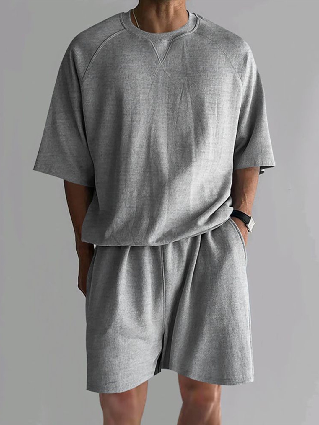 StyleCast x Revolte Round Neck Short Sleeves T-Shirt With Shorts, Grey