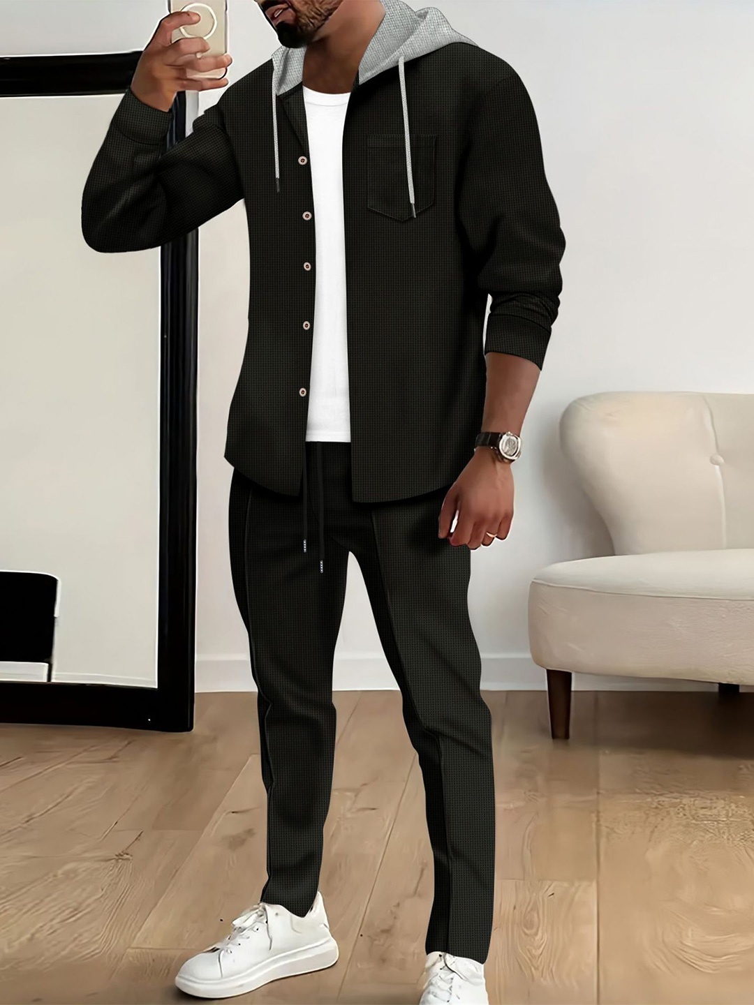 

StyleCast x Revolte Hooded Long Sleeves Shirt With Trouser, Black