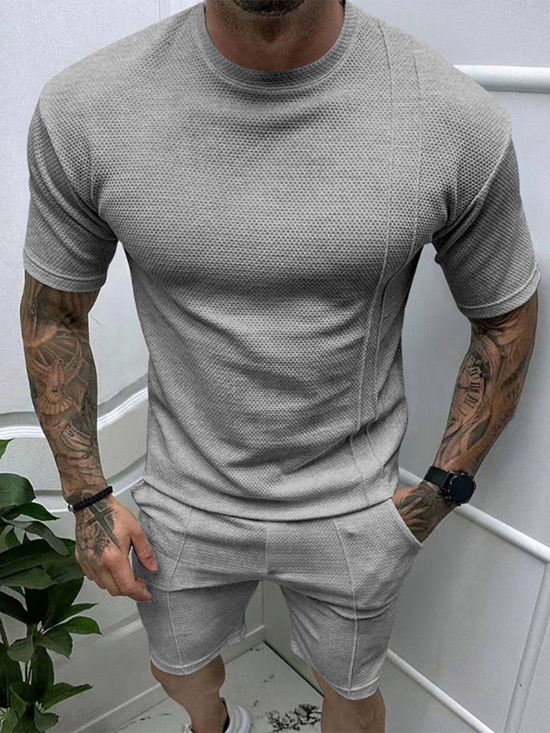 StyleCast x Revolte Round Neck Short Sleeves T-Shirt With Shorts, Grey