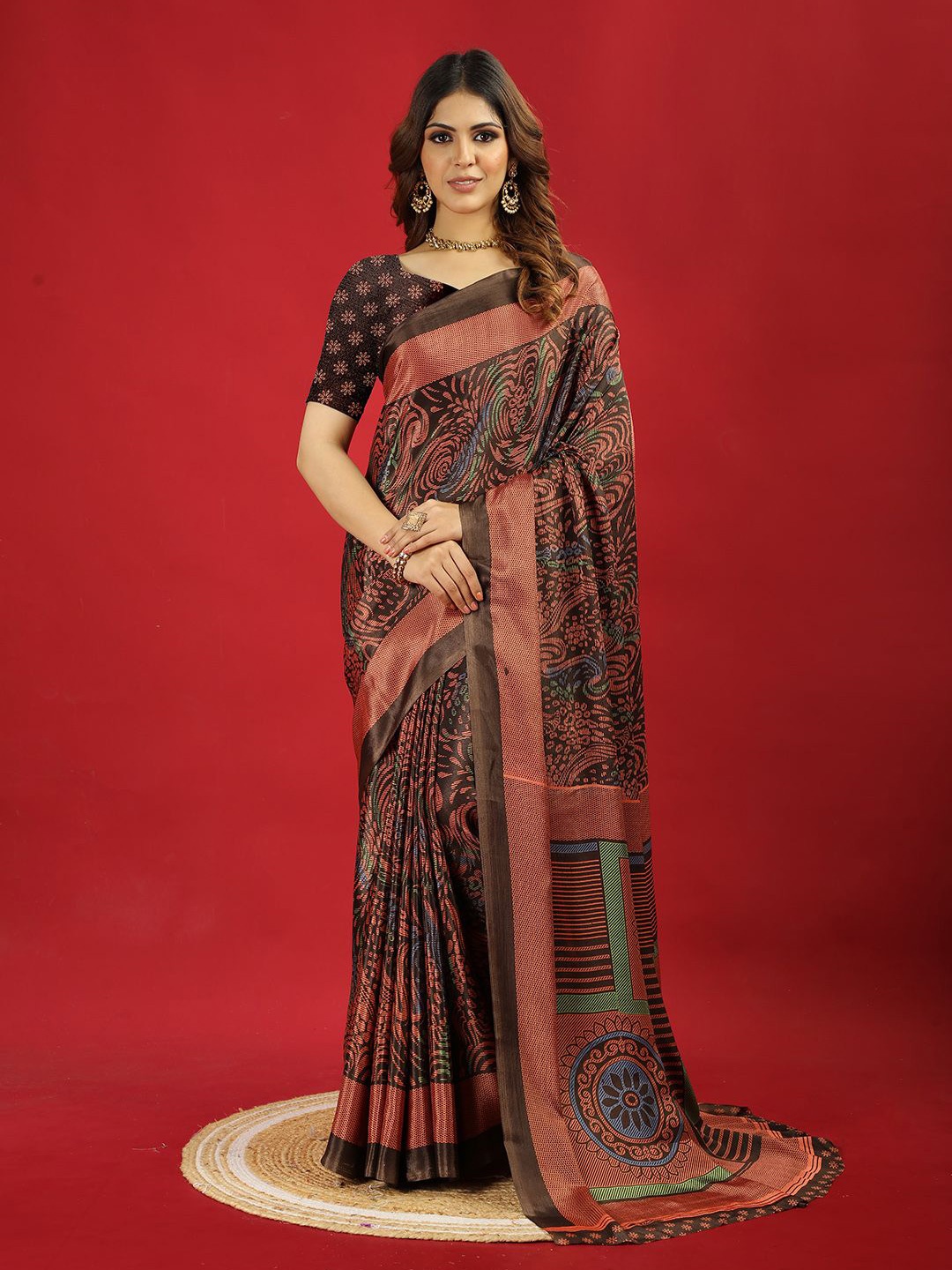 NIRMAL CREATION Printed Pure Crepe Saree, Coffee brown