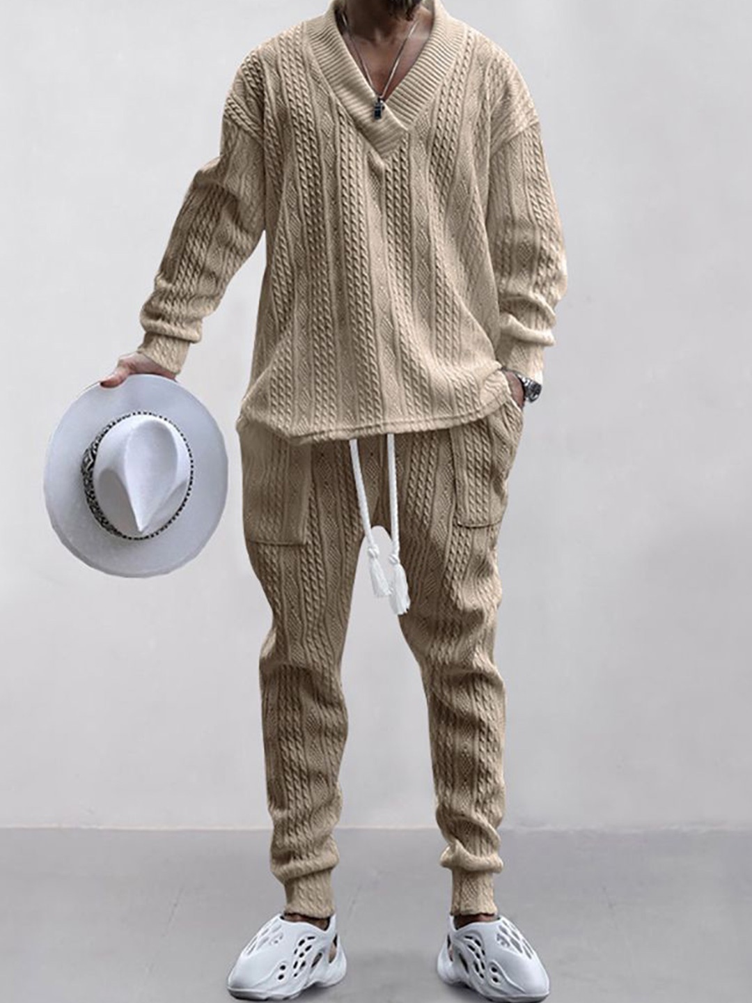 

StyleCast x Revolte Self Design V-Neck Long Sleeves Sweatshirt With Jogger, Khaki