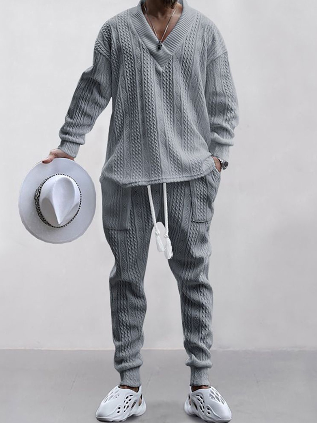 StyleCast x Revolte Self Design V-Neck Long Sleeves Pure Cotton Sweatshirt With Jogger, Grey