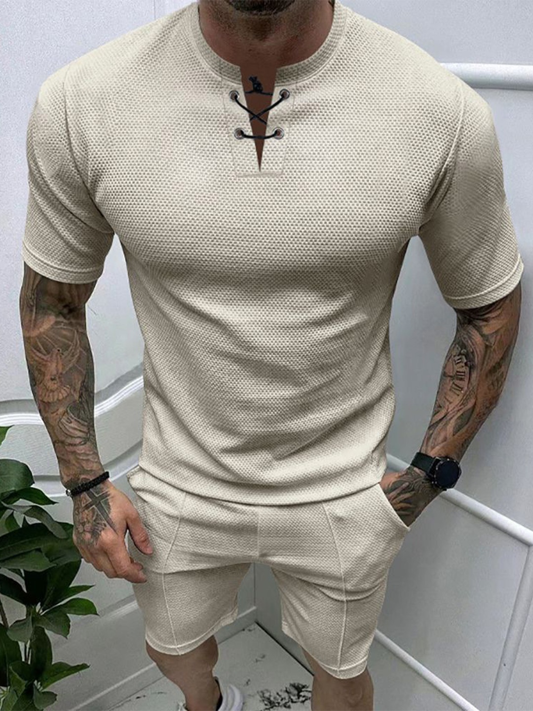 StyleCast x Revolte Round Neck Short Sleeves T-Shirt With Shorts, Khaki