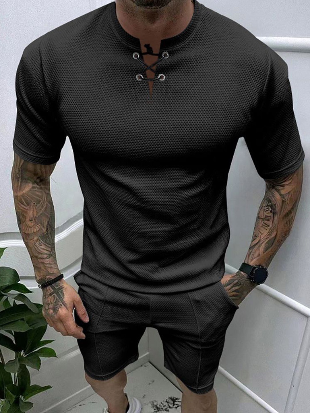 

StyleCast x Revolte Round Neck Short Sleeves T-Shirt With Shorts, Black