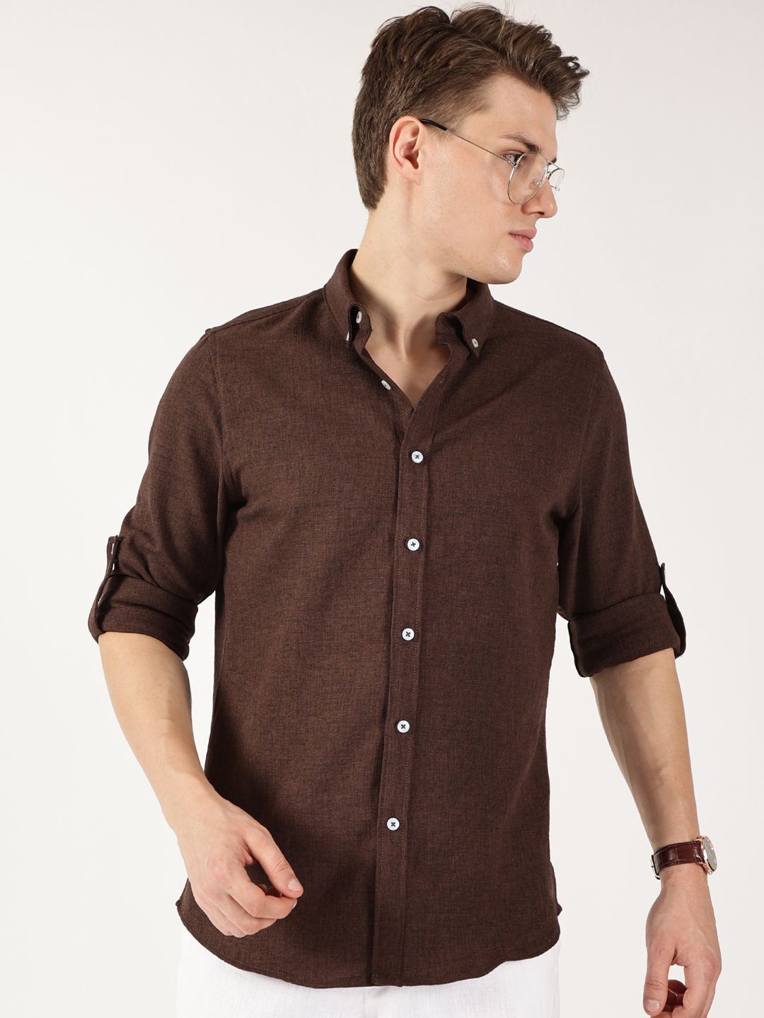 

Thomas Scott Men Premium Button-Down Collar Solid Linen Casual Shirt, Brown