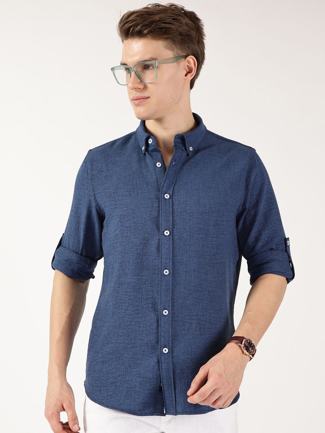 

Thomas Scott Men Premium Button-Down Collar Solid Linen Casual Shirt, Blue