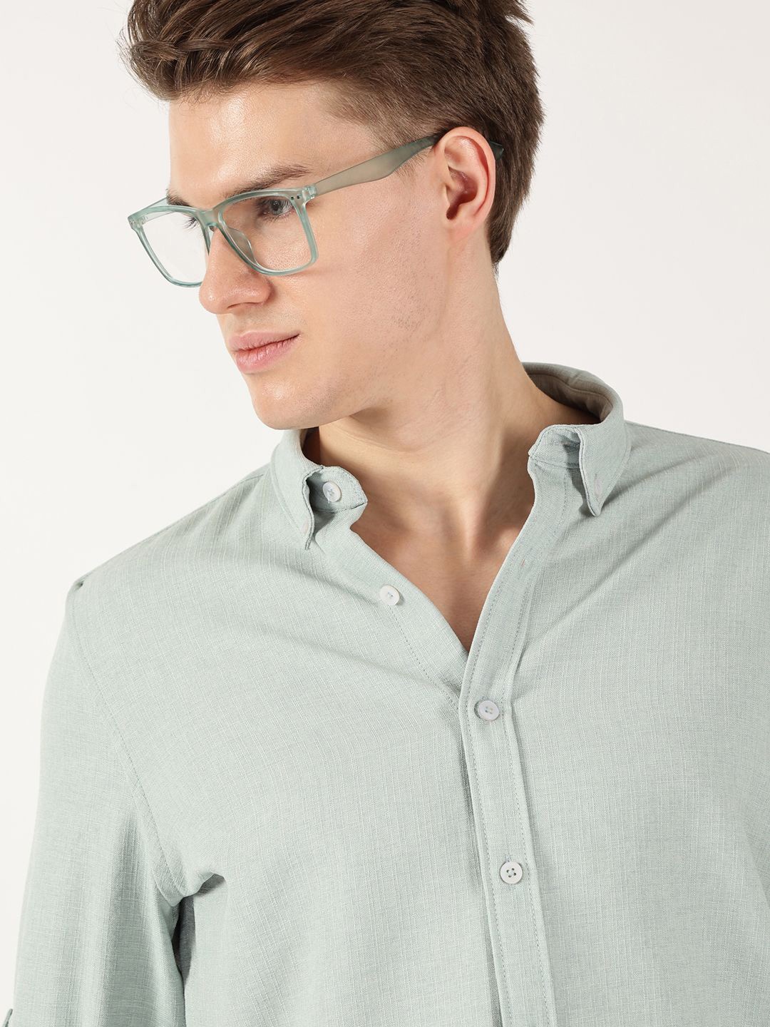 

Thomas Scott Men Premium Button-Down Collar Solid Linen Casual Shirt, Green