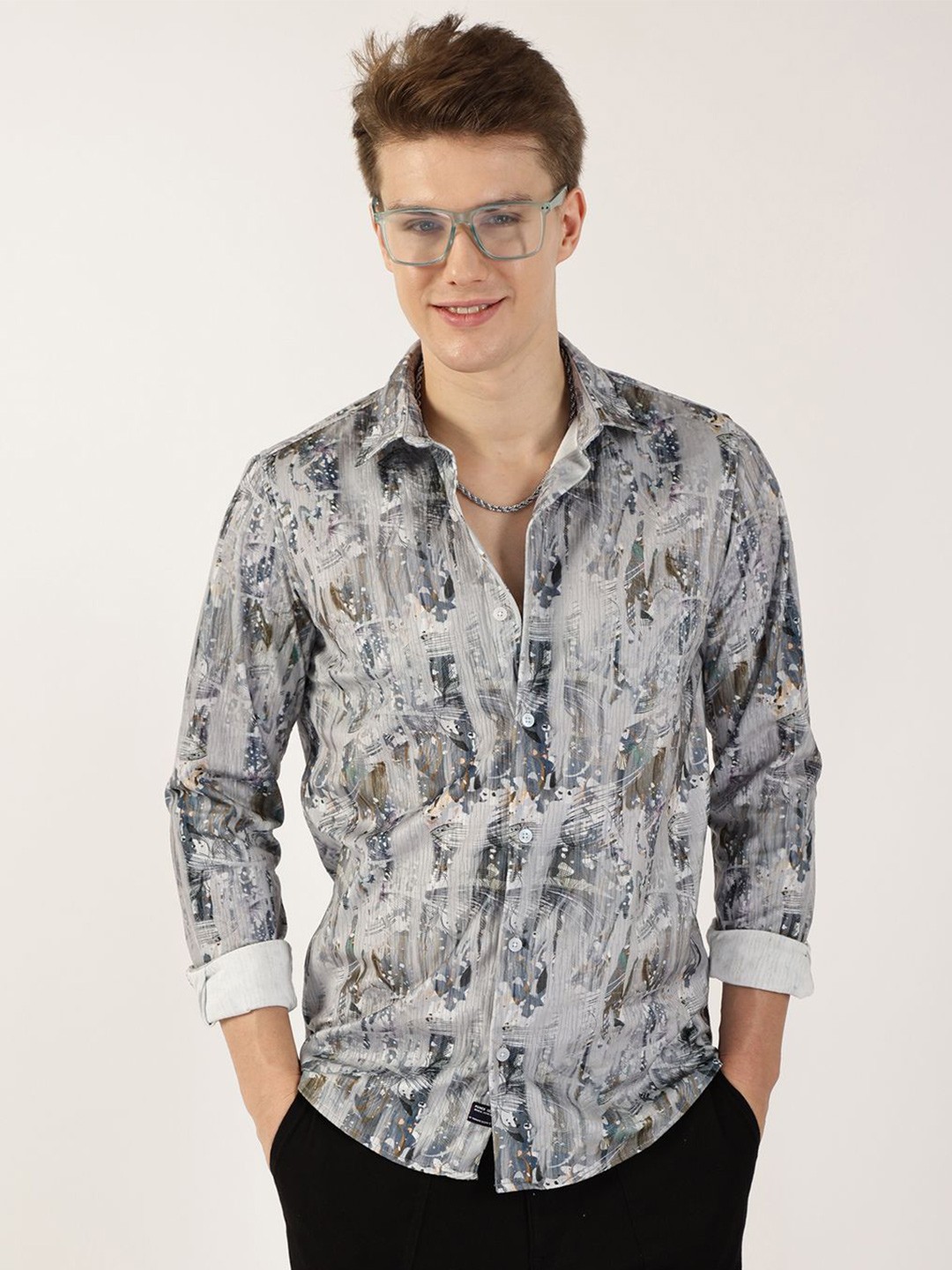 

Thomas Scott Men Premium Fit Cutaway Collar Abstract Printed Cotton Casual Shirt, Grey