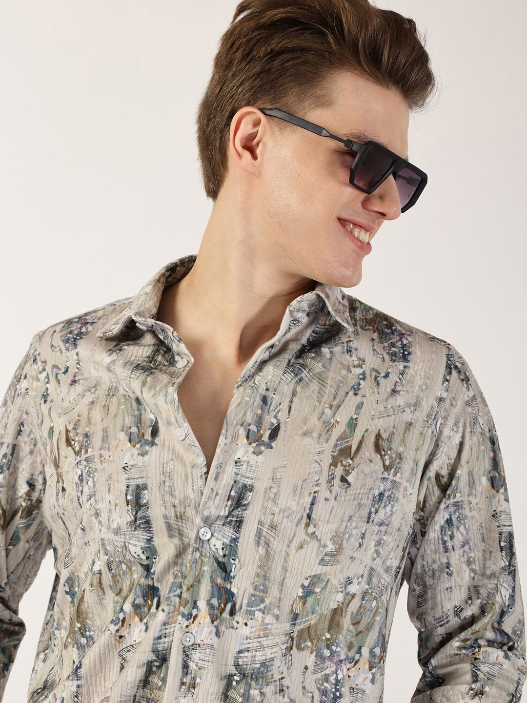Thomas Scott Men Premium Cutaway Collar Abstract Printed Cotton Casual Shirt, Beige