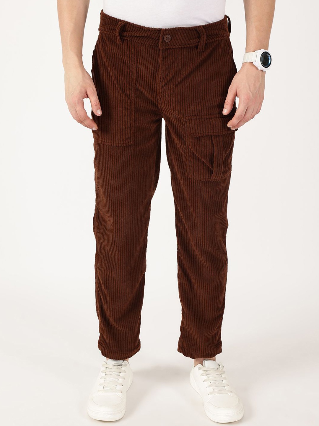 Thomas Scott Men Smart Straight Fit Corduroy Cargos Trousers, Brown