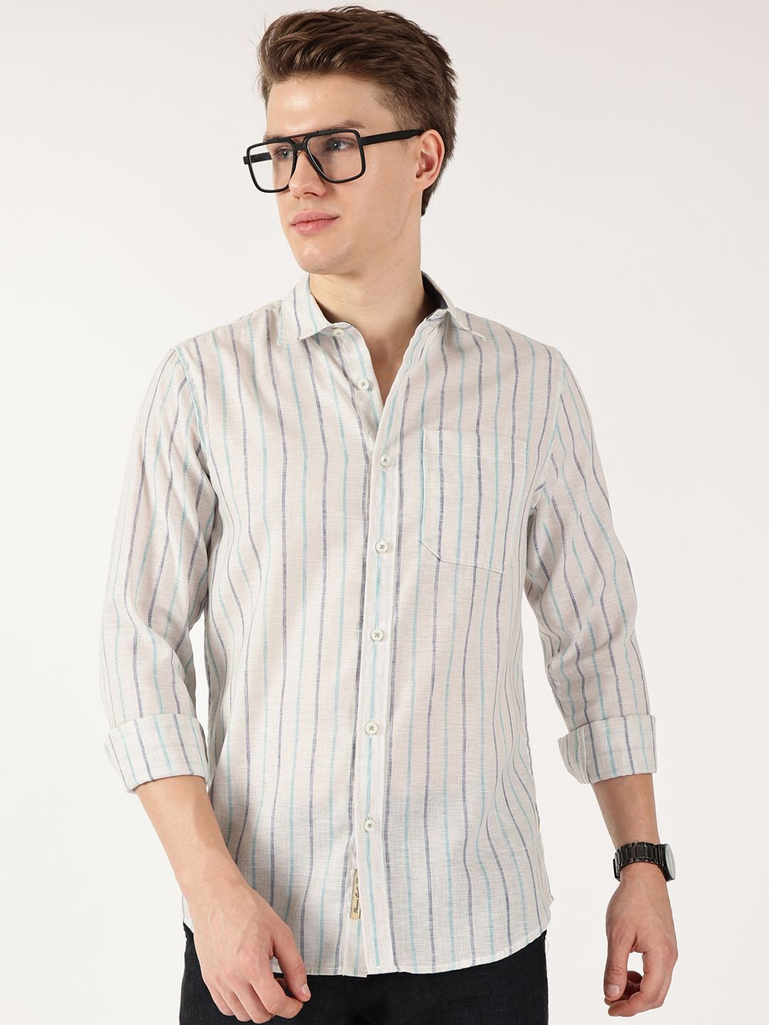

Thomas Scott Men Classic Spread Collar Vertical Striped Linen Casual Shirt, White