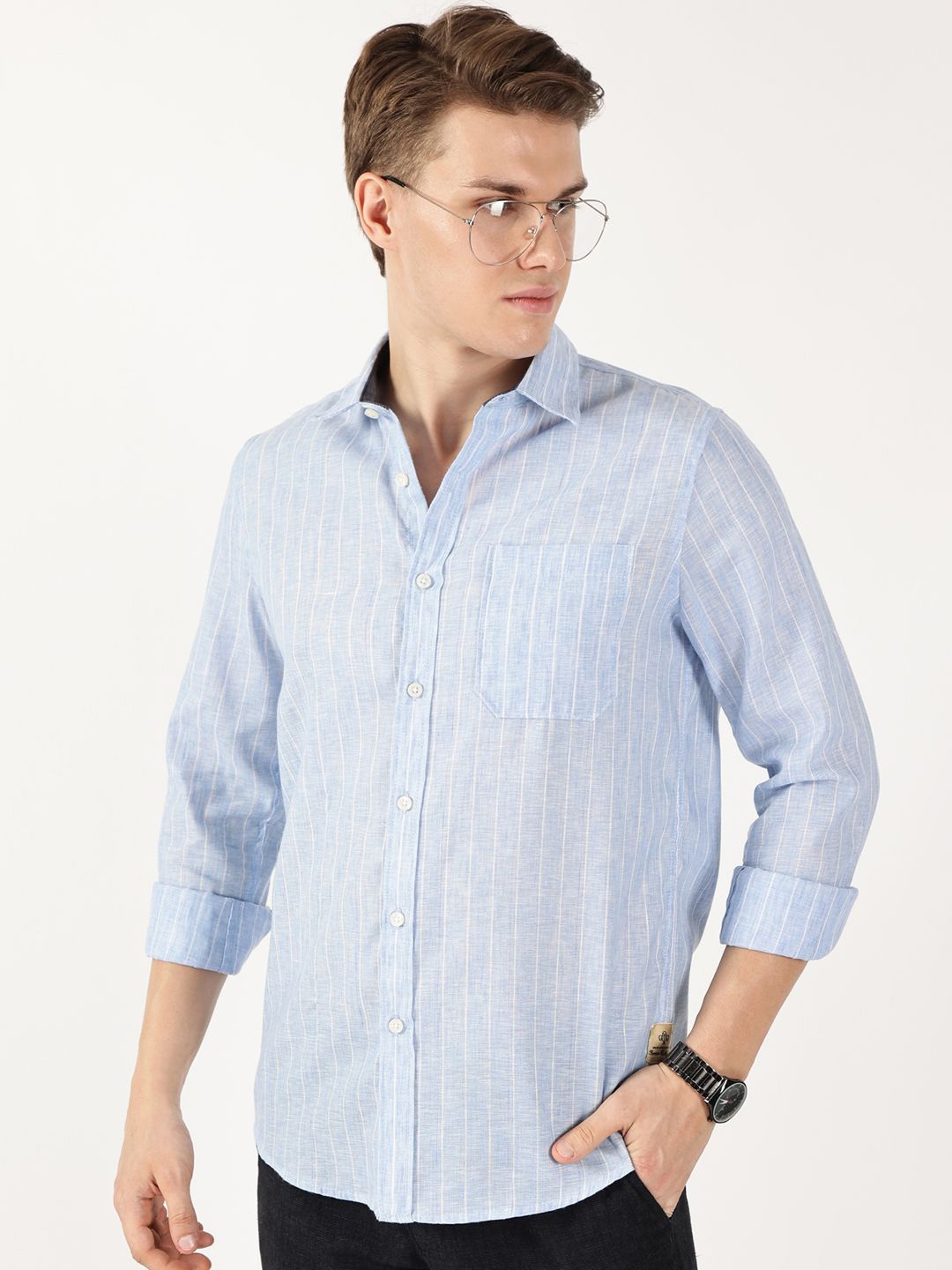 

Thomas Scott Men Classic Cutaway Collar Vertical Striped Linen Casual Shirt, Blue