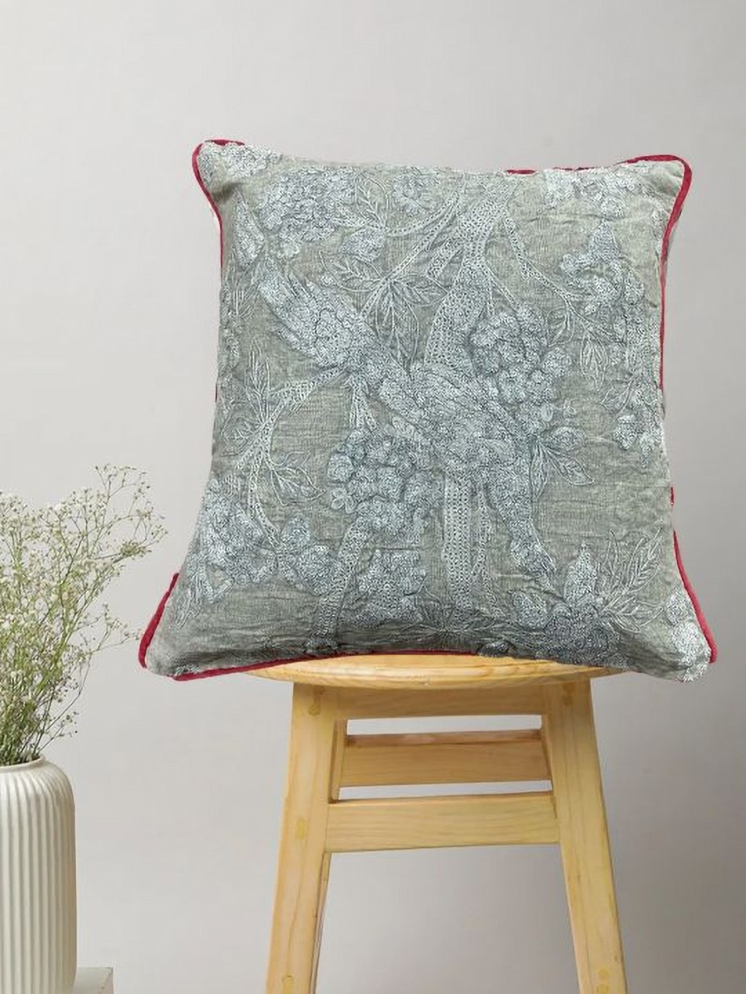 

SAJAVAT Grey & Silver-Toned Embroidered Cotton Square Cushion Cover