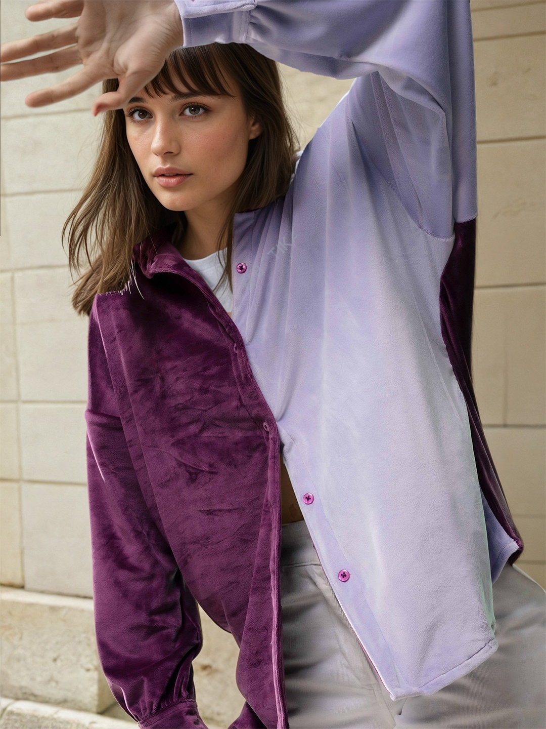 

Stylecast X Hersheinbox Velvet Colourblocked Oversized Shirts, Purple