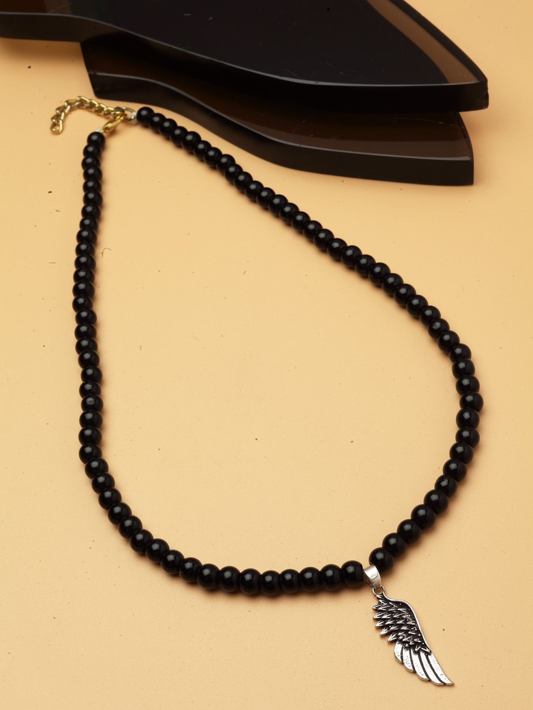 

Sanjog Men Black Beaded Oxidized Wings Charm Pendent Pearl Choker Statement Necklace Chain