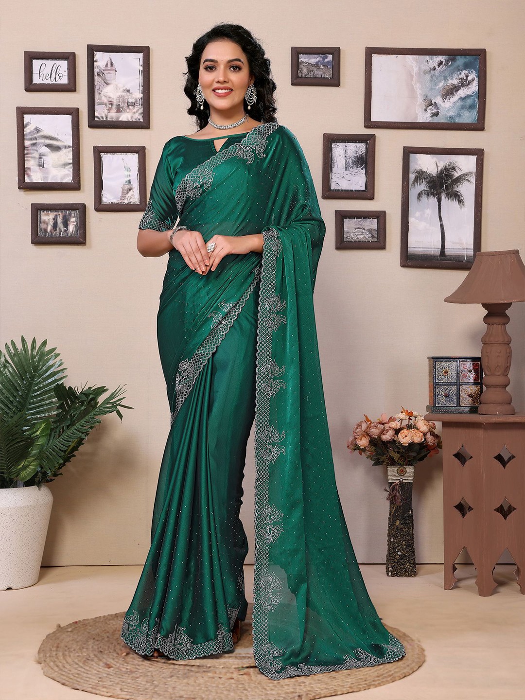 

Divyadham Textiles Embellished Beads and Stones Pure Georgette Saree, Green