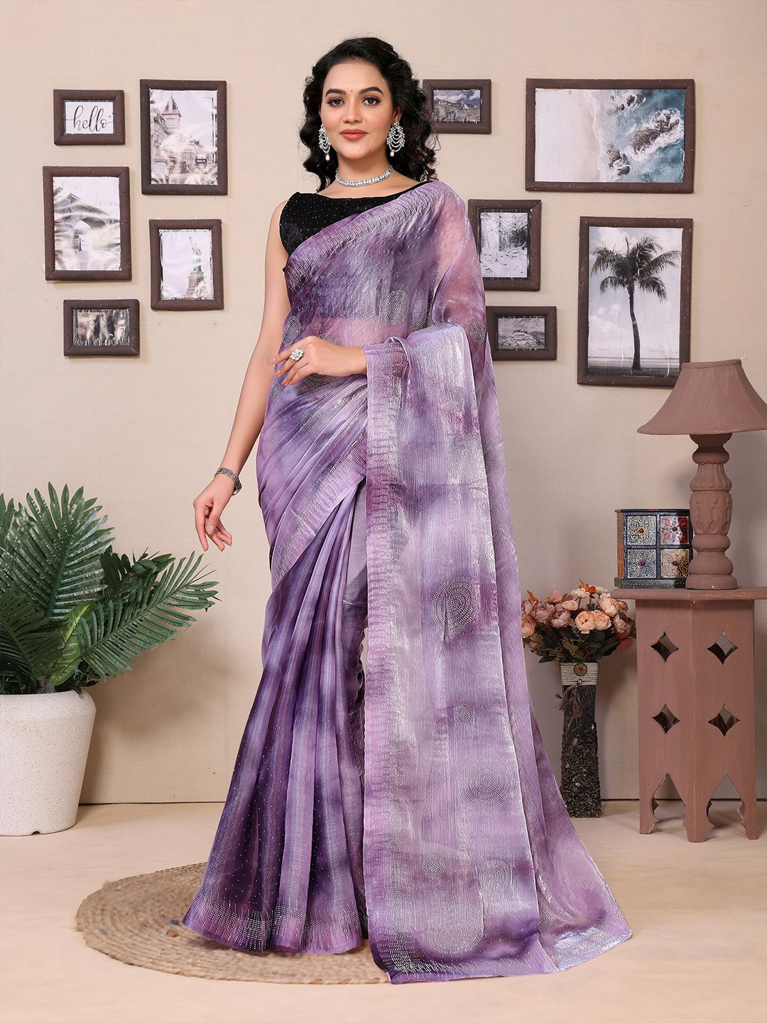 

Divyadham Textiles Embellished Beads and Stones Satin Ready to Wear Saree, Lavender