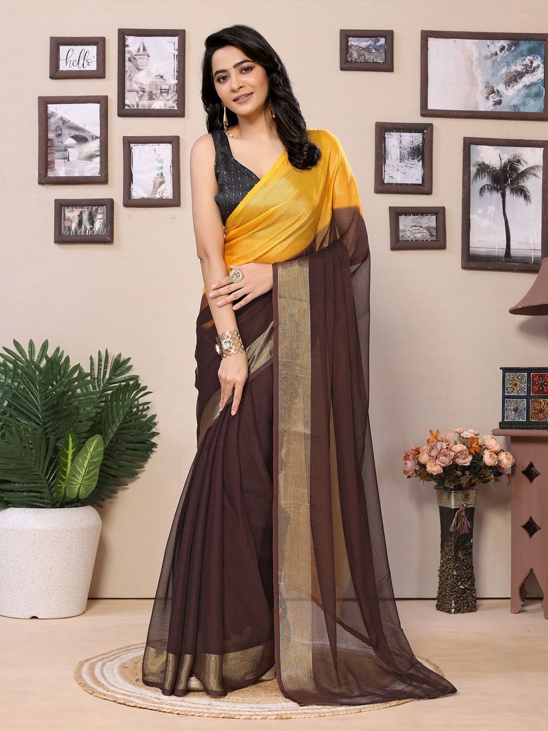 

Divyadham Textiles Colourblocked Zari Pure Chiffon Ready to Wear Saree, Yellow