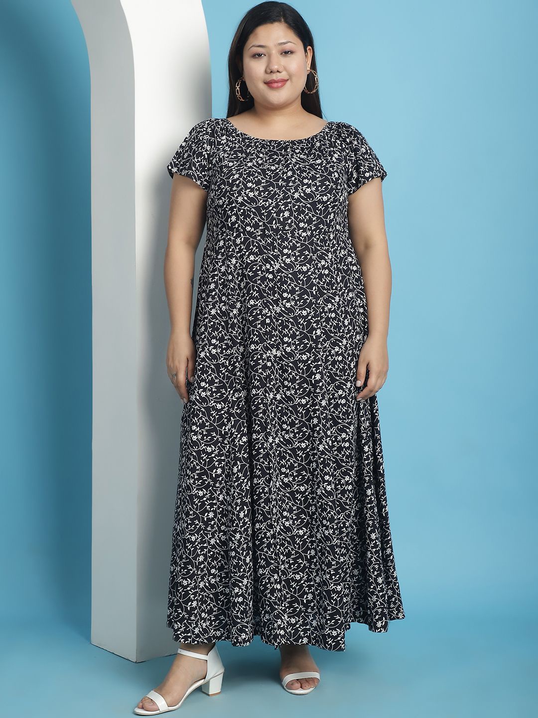 theRebelinme Women Plus Size Floral Printed A-Line Maxi Dress, Black