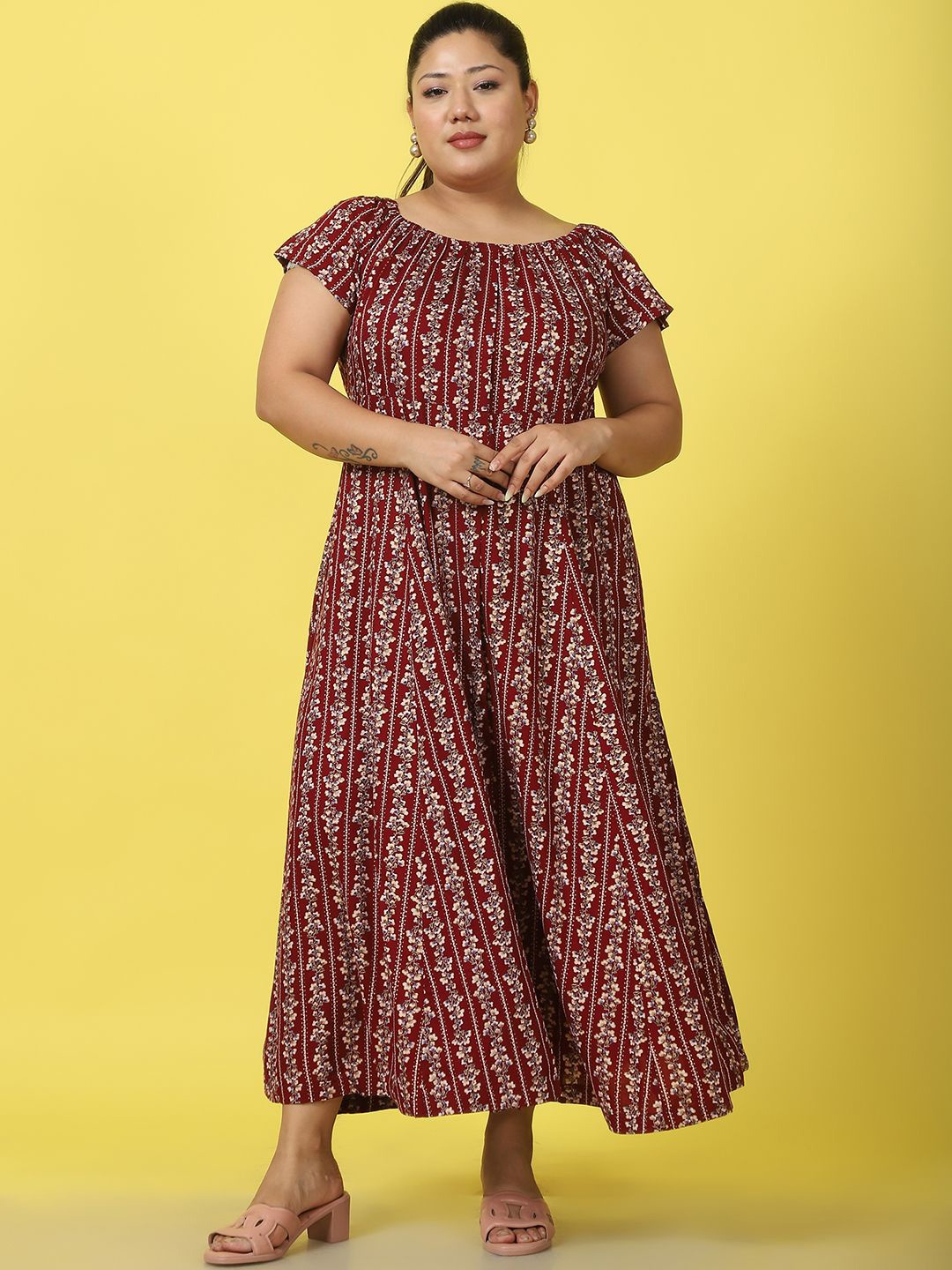 theRebelinme Women Floral Print A-Line Maxi Dress Plus Size, Maroon