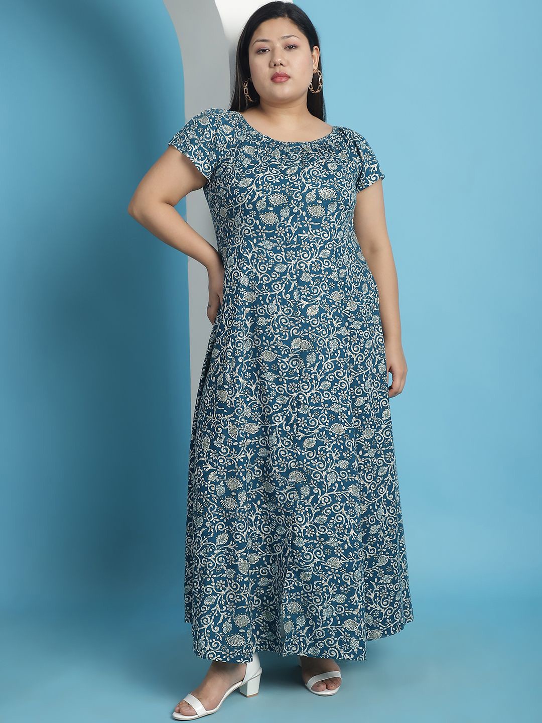 

theRebelinme Women Plus Size Floral Printed A-Line Maxi Dress, Teal