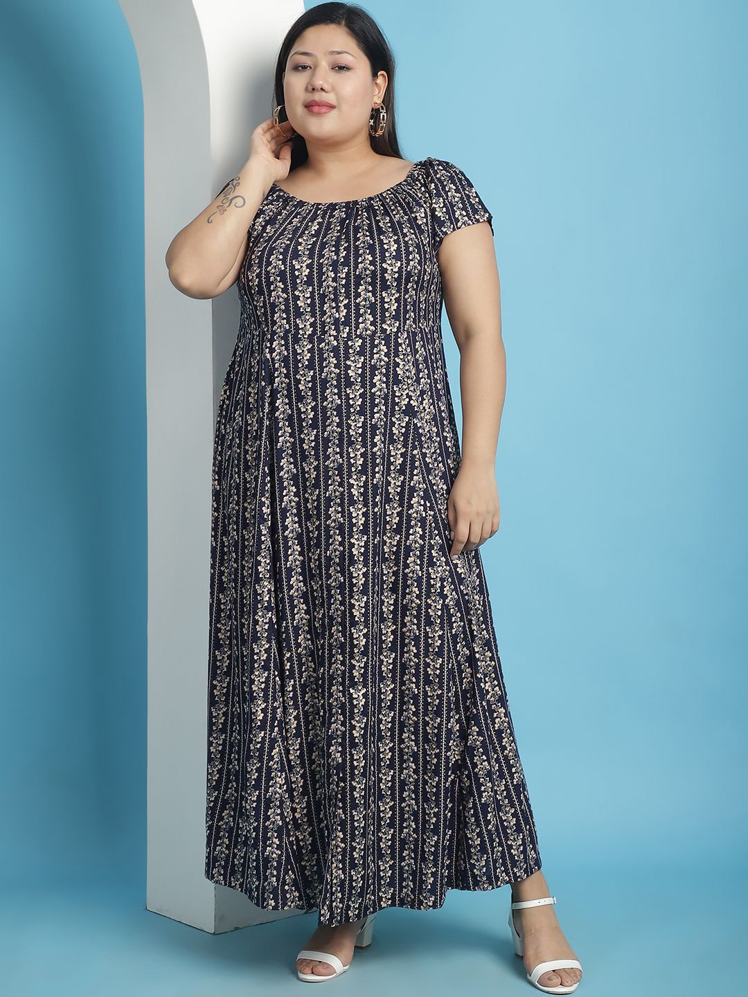 

theRebelinme Women Floral Print A-Line Maxi Dress Plus Size, Navy blue
