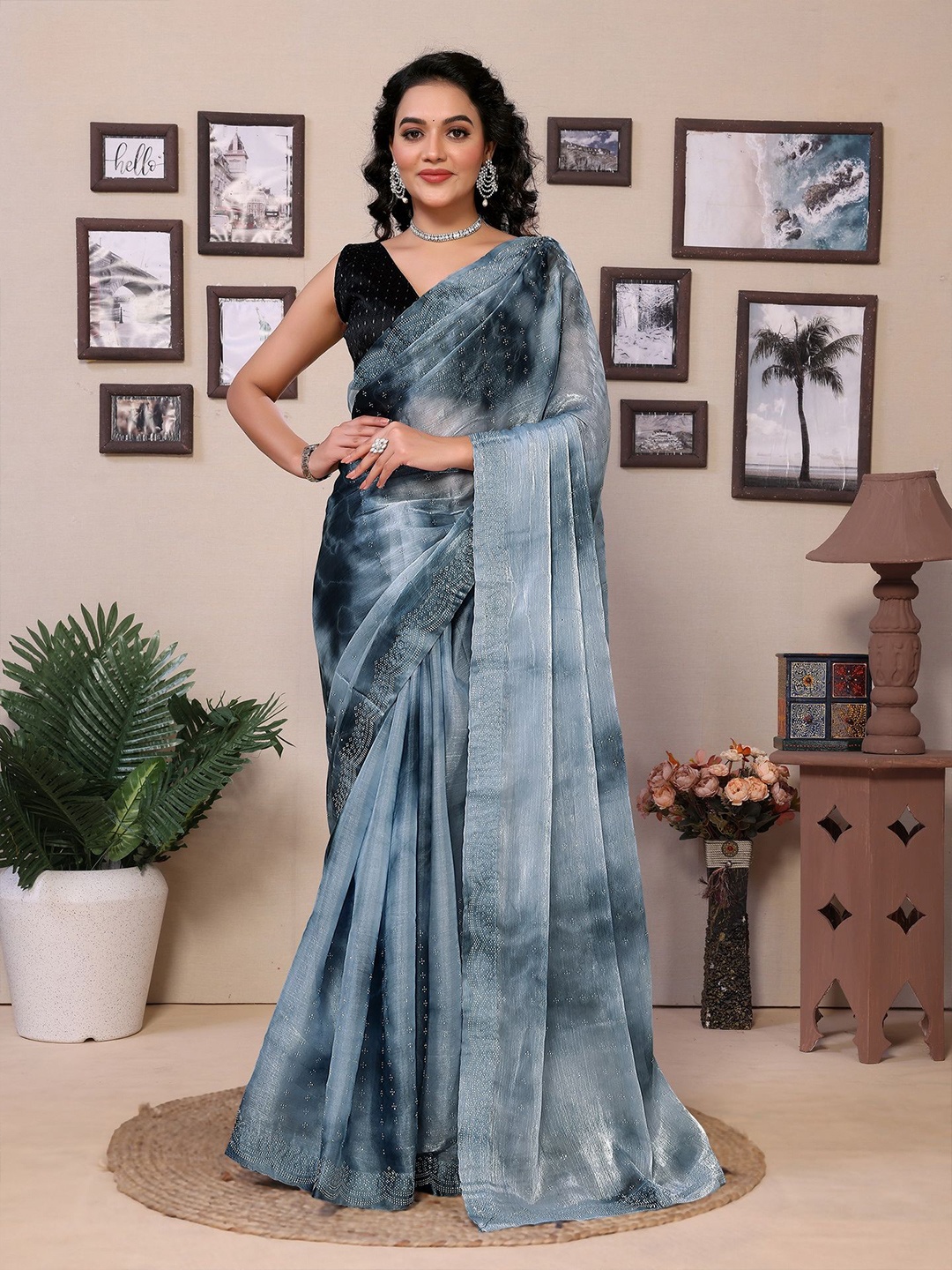 

Divyadham Textiles Woven Design Beads and Stones Satin Ready to Wear Saree, Grey