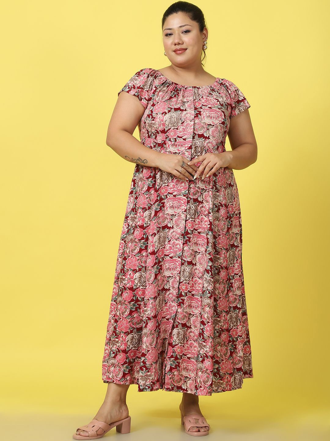 

theRebelinme Women Floral Printed A-Line Maxi Dress Plus Size, Maroon