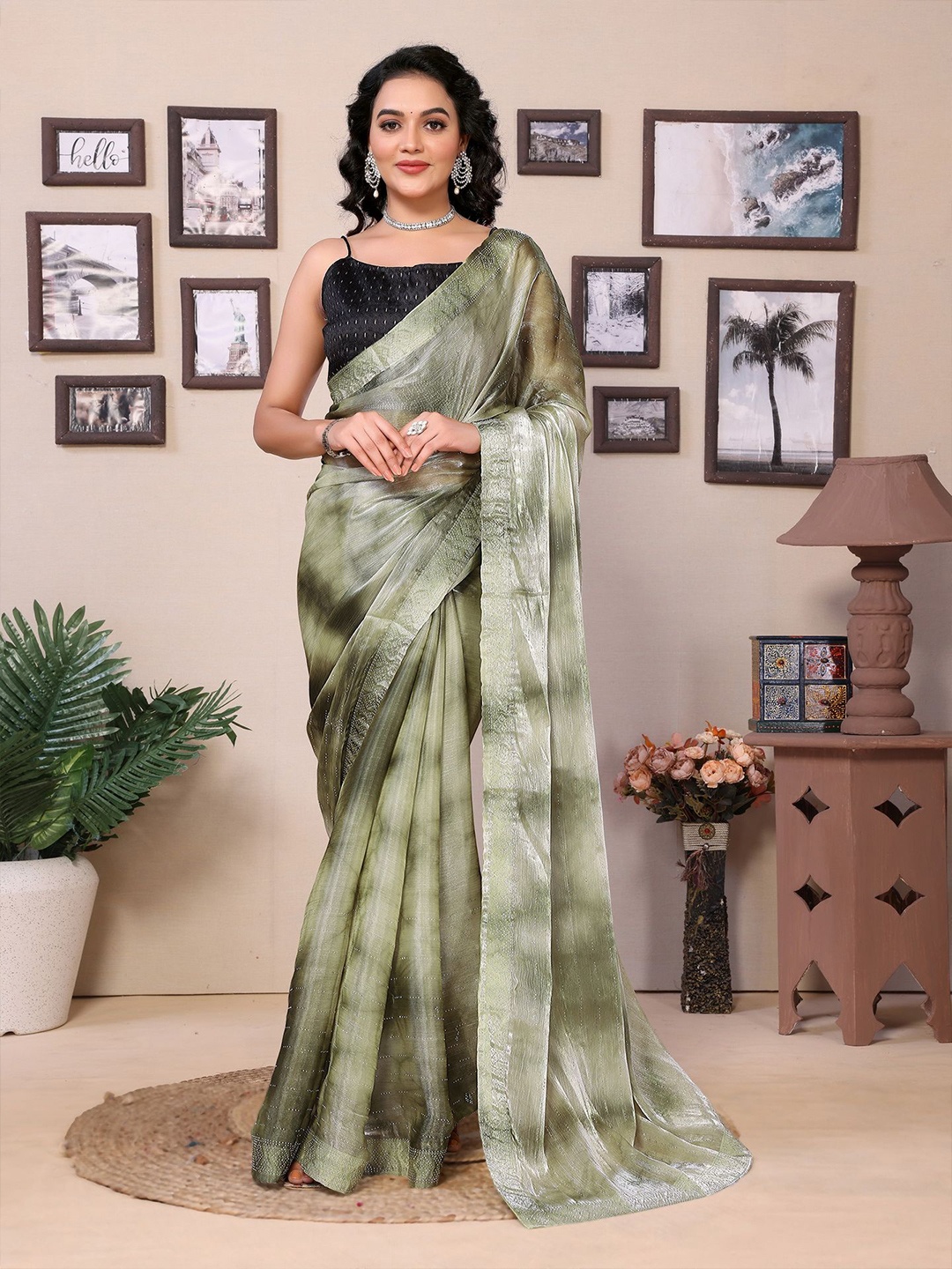 

Divyadham Textiles Tie and Dye Beads and Stones Satin Ready to Wear Saree, Green