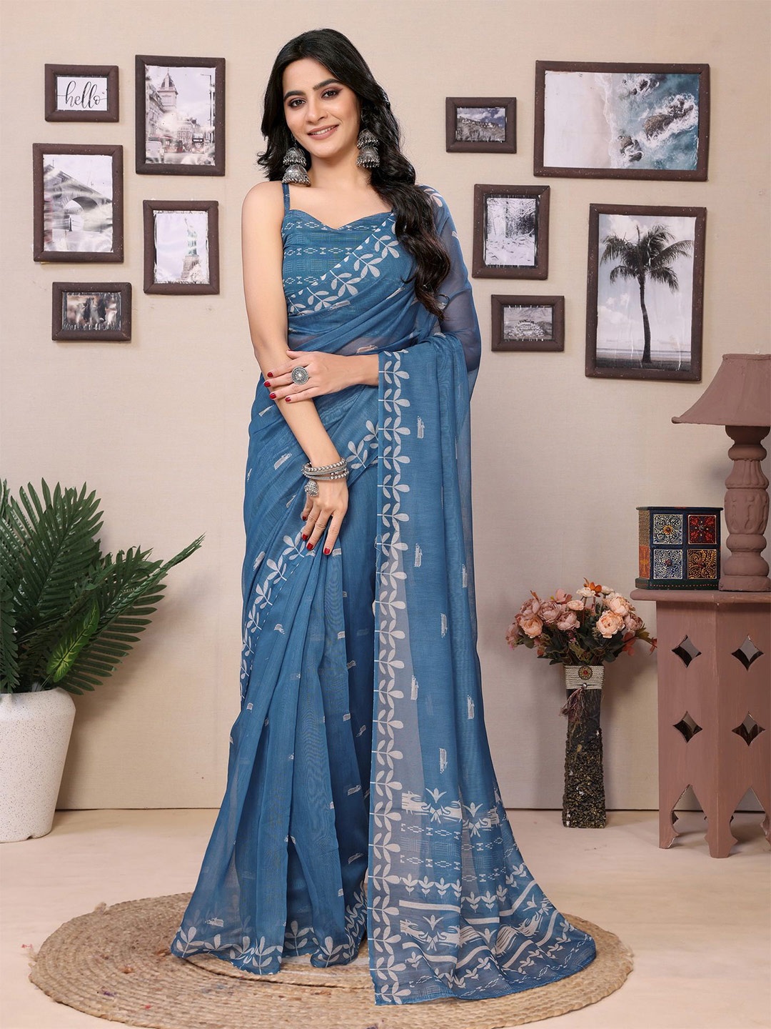 

Divyadham Textiles Ethnic Motifs Printed Pure Cotton Ready to Wear Saree, Blue