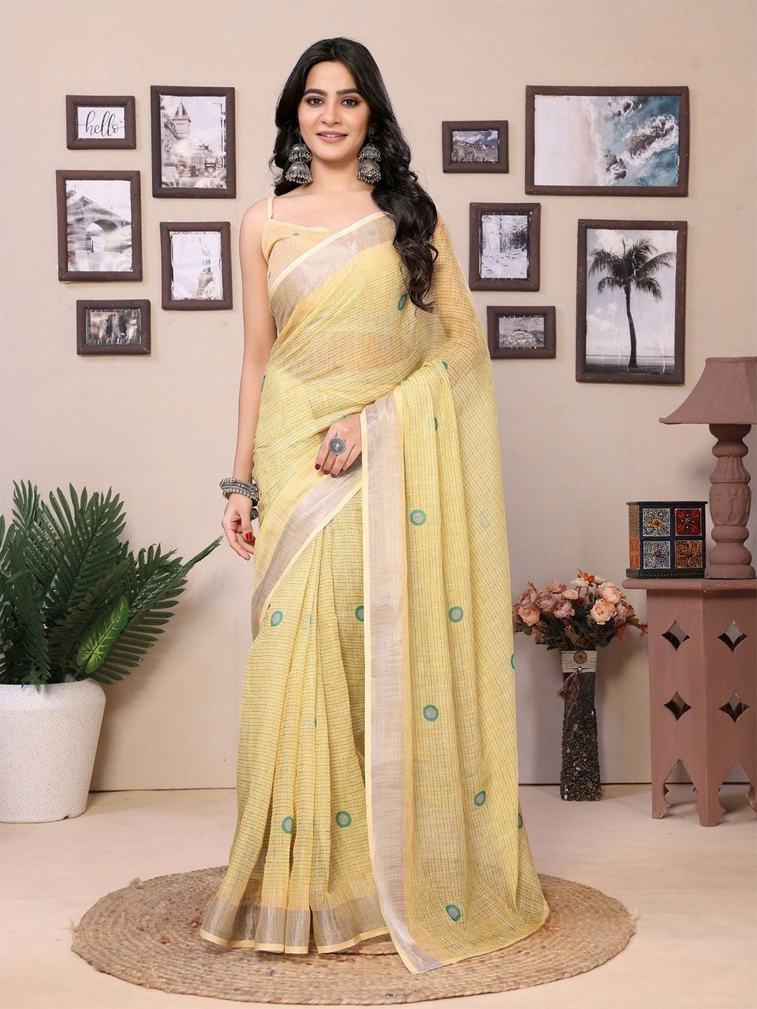 

Divyadham Textiles Striped Pure Cotton Saree, Yellow