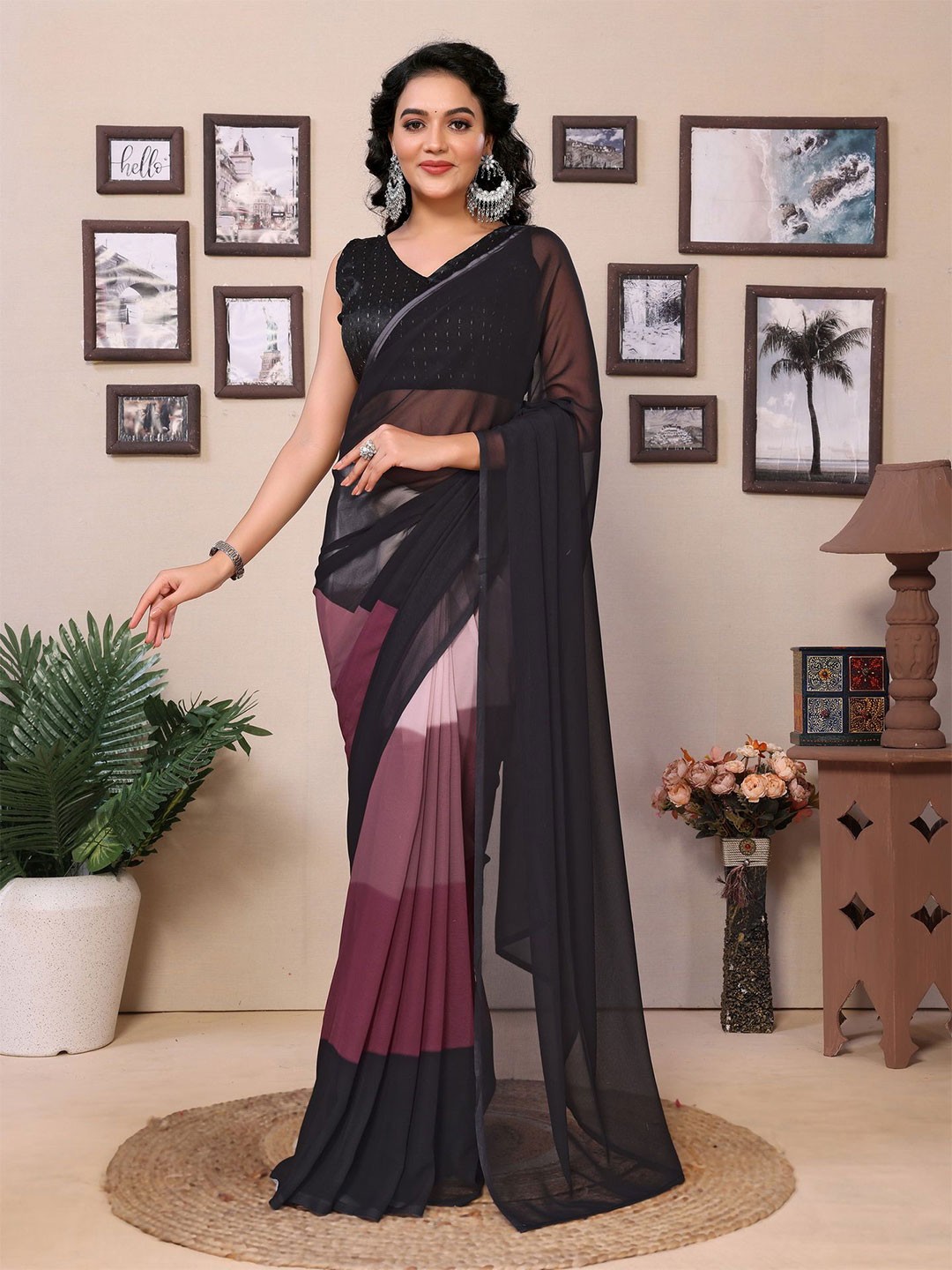 

Divyadham Textiles Colourblocked Pure Georgette Ready to Wear Saree, Black