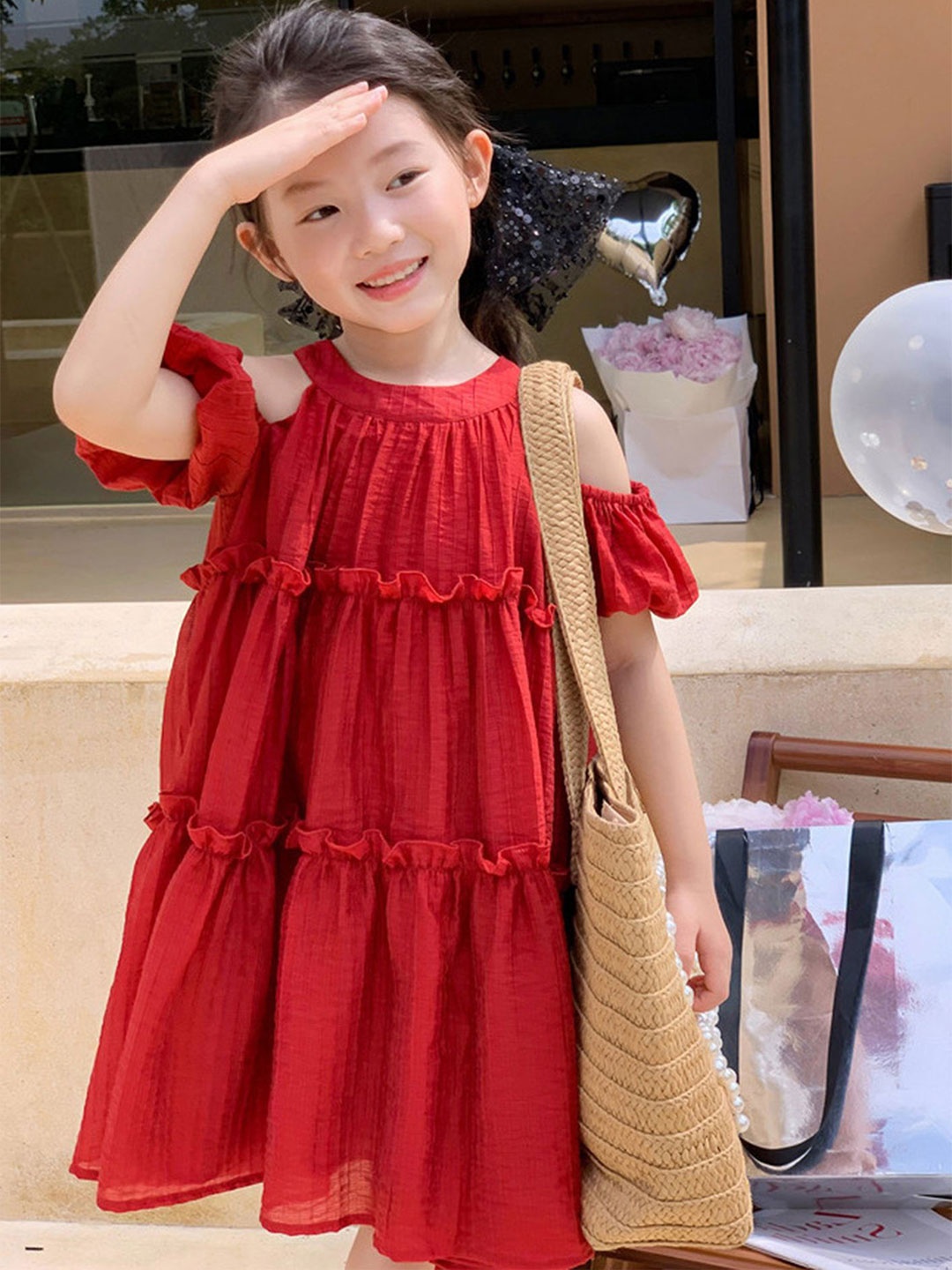 

LULU & SKY Girls Cold-Shoulder Sleeves Tiered A-Line Dress, Burgundy