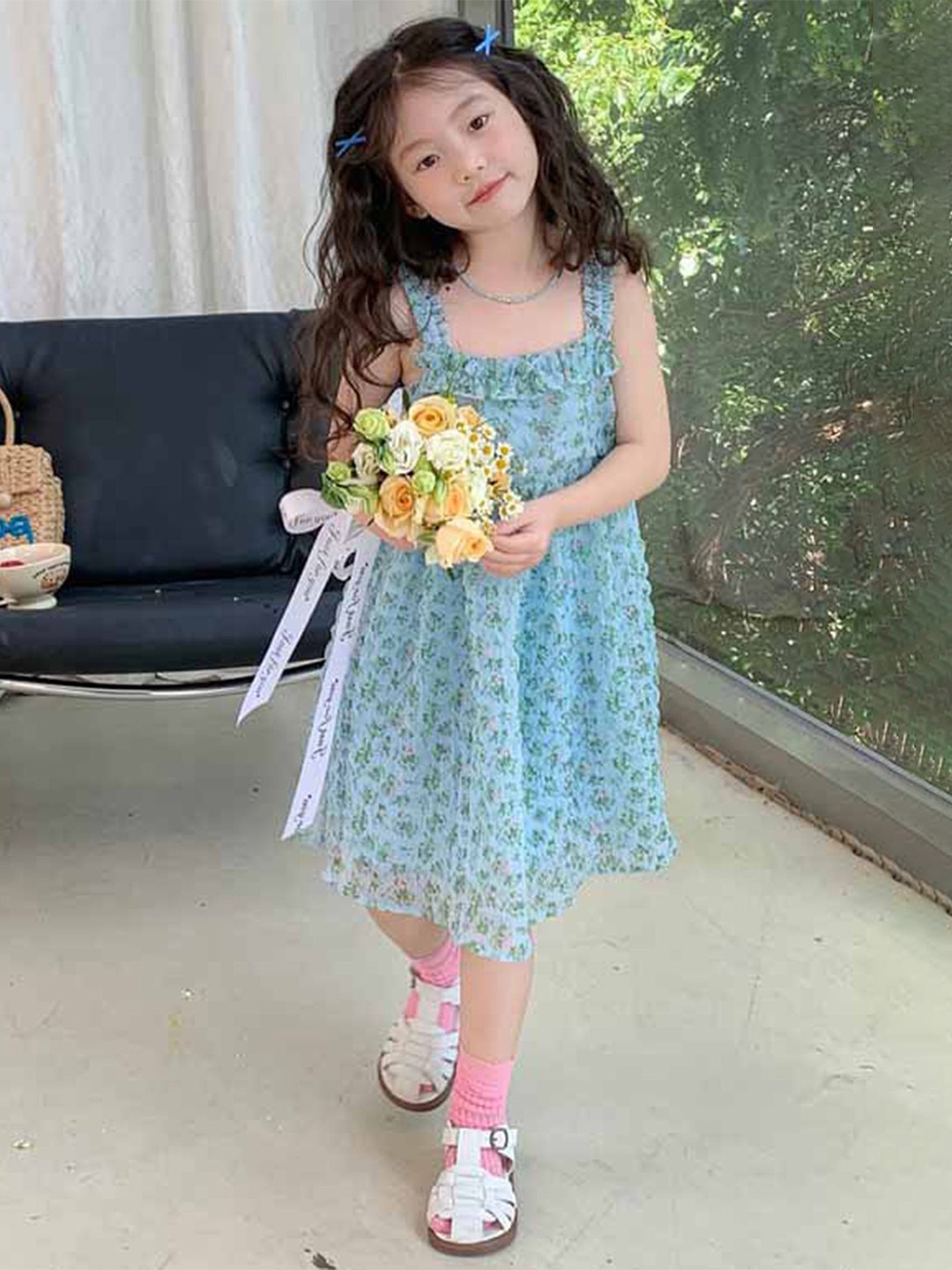 

LULU & SKY Girls Floral Printed Ruffles A-Line Dress, Blue